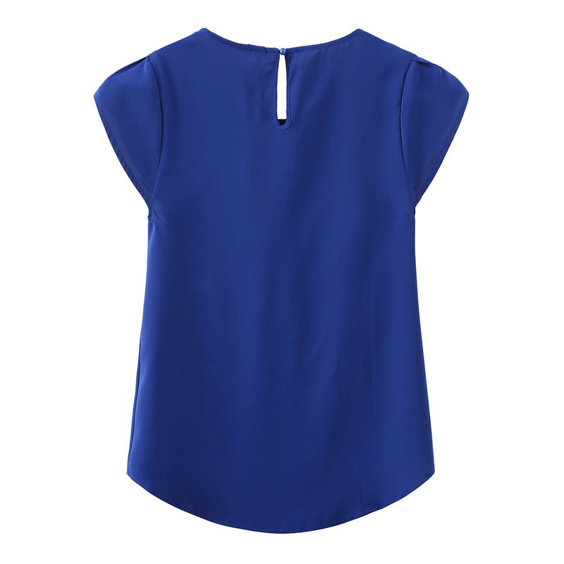 TASAMO Women Chiffon Blouse Round Neck Short Sleeve Top Shirts (Medium, Royal Blue) - Image 2